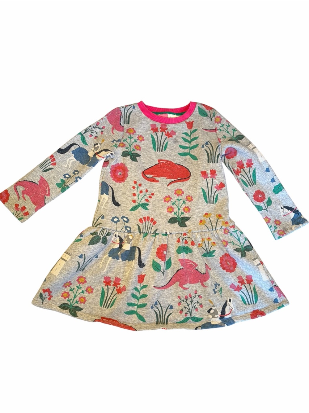 Mini Boden Girls 6-7Y Dragon Knight Floral Sweatshirt Dress Gray